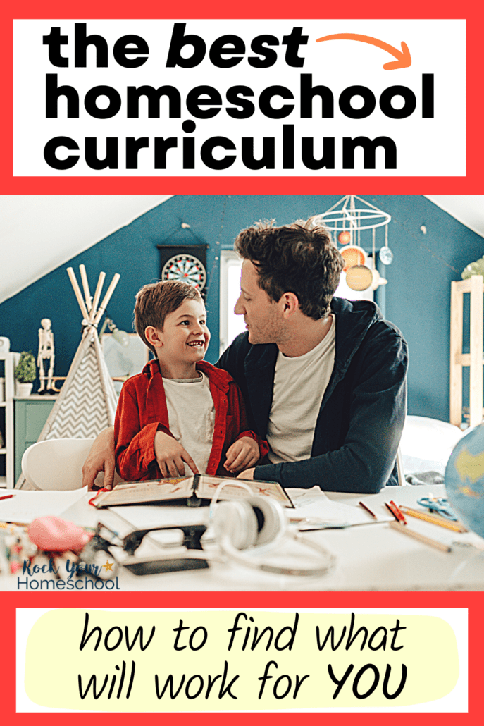 son and father smiling as they sit with binder, papers, and science supplies to feature how to find the best homeschool curriculum for your family