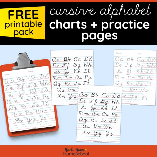This free cursive alphabet chart printable pack is an awesome way to help your kids learn and practice cursive writing skills.