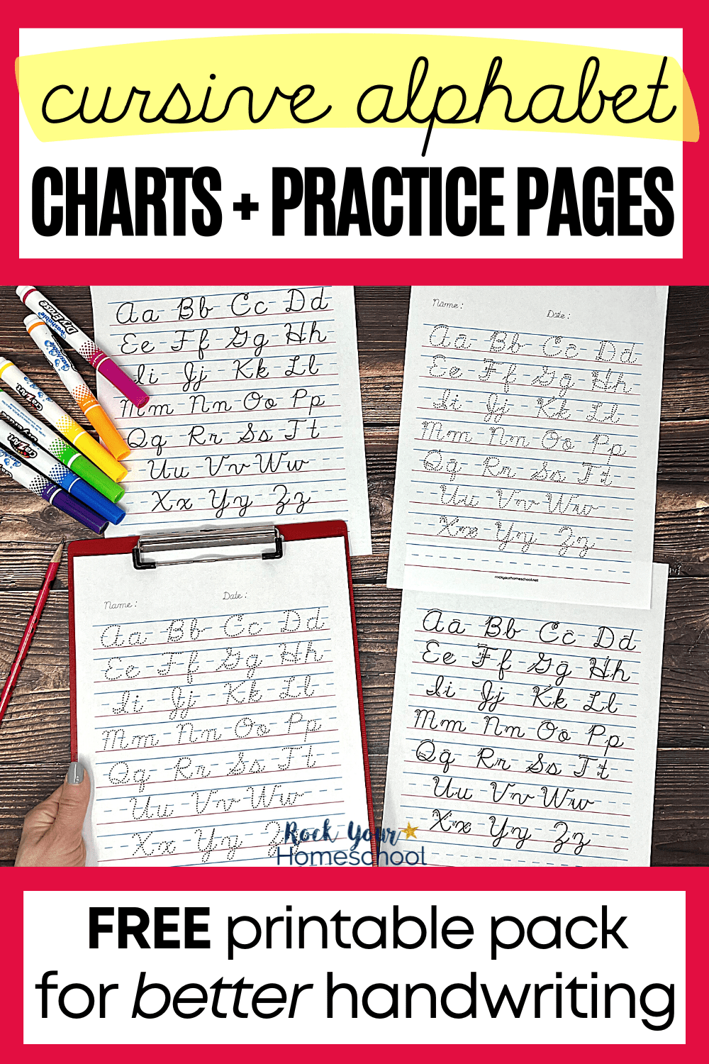 woman holding red clipboard with free cursive alphabet chart printable with other practice pages and pencil and dry erase markers on wood background