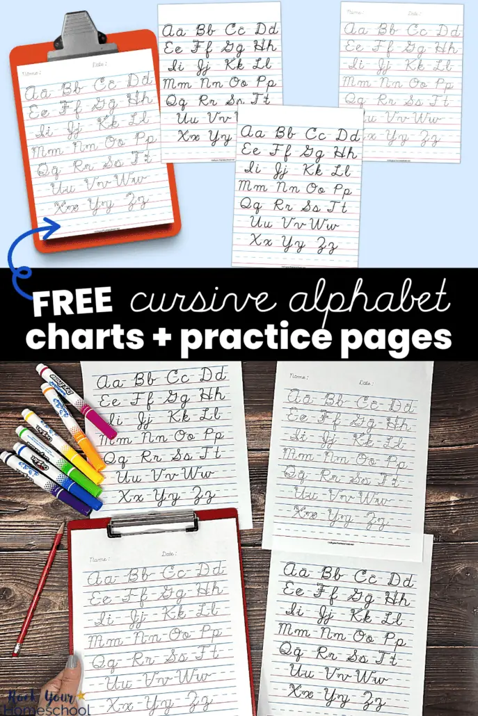 woman holding red clipboard with free cursive alphabet chart printable page and examples with red pencil and dry erase markers on wood background