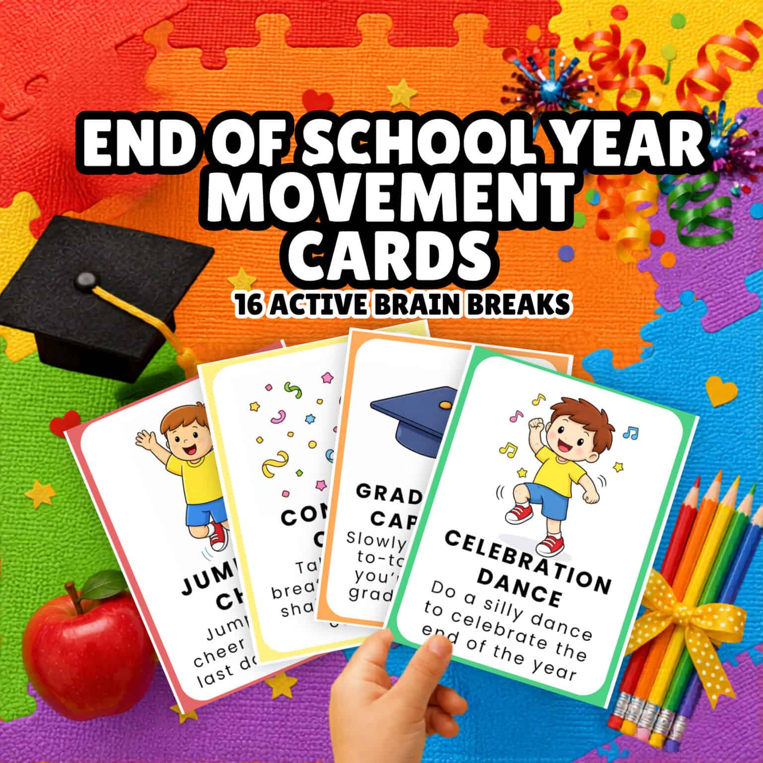 Child holding examples of end of school year movement cards for kids.
