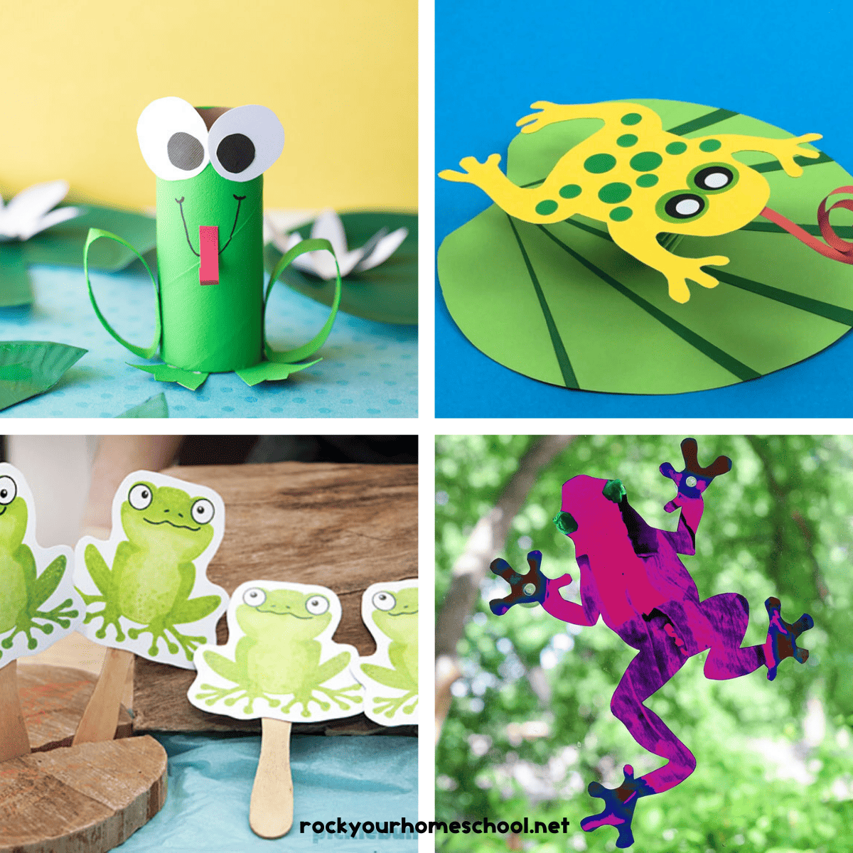 Four frog crafts for kids with toilet paper roll frog, paper frog on lily pad, paper frog puppets, and climbing tree frog craft.