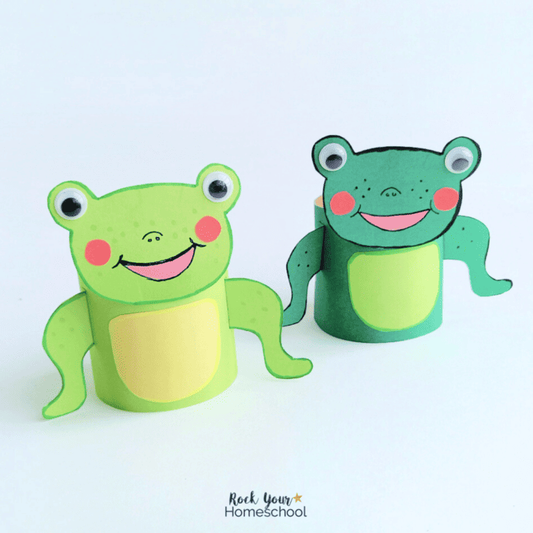 Two examples of frog toilet paper roll crafts.