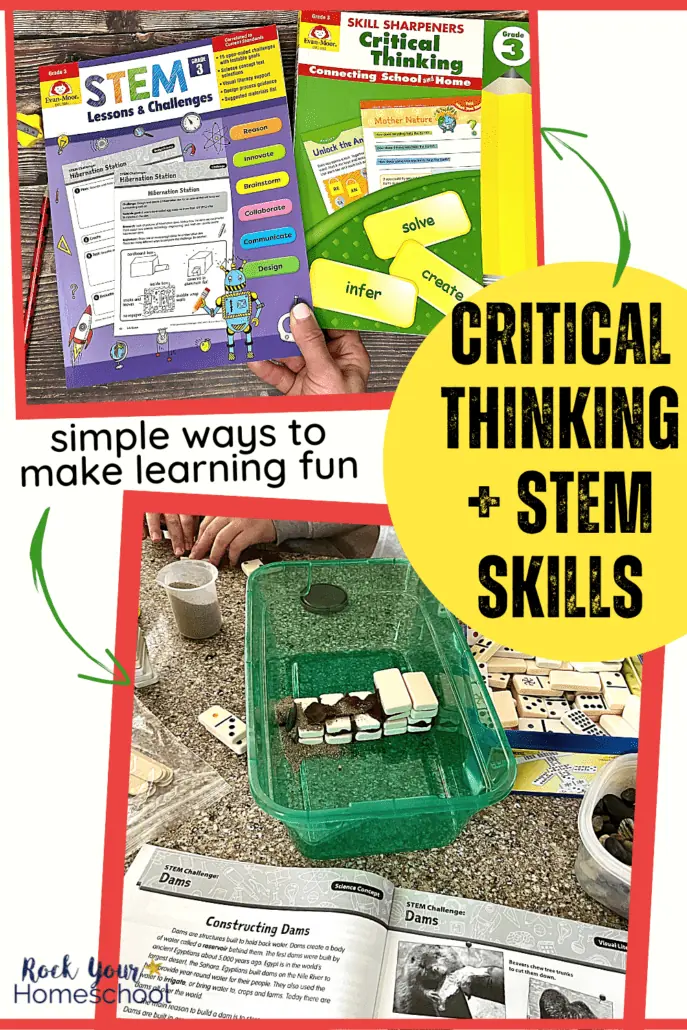 Woman holding Evan-Moor workbooks for skills sharpeners for critical thinking and STEM lessons and 2 boys using dominoes, playdough and sand to build a dam in green plastic bin 