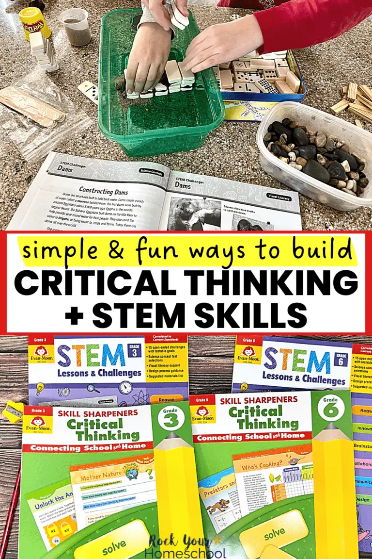 2 boys working on a STEM challenge with rocks, dominoes, and playdough and Evan-Moor workbooks of skills sharpeners for critical thinking and STEM lessons and challenges for grade 3 and grade 6