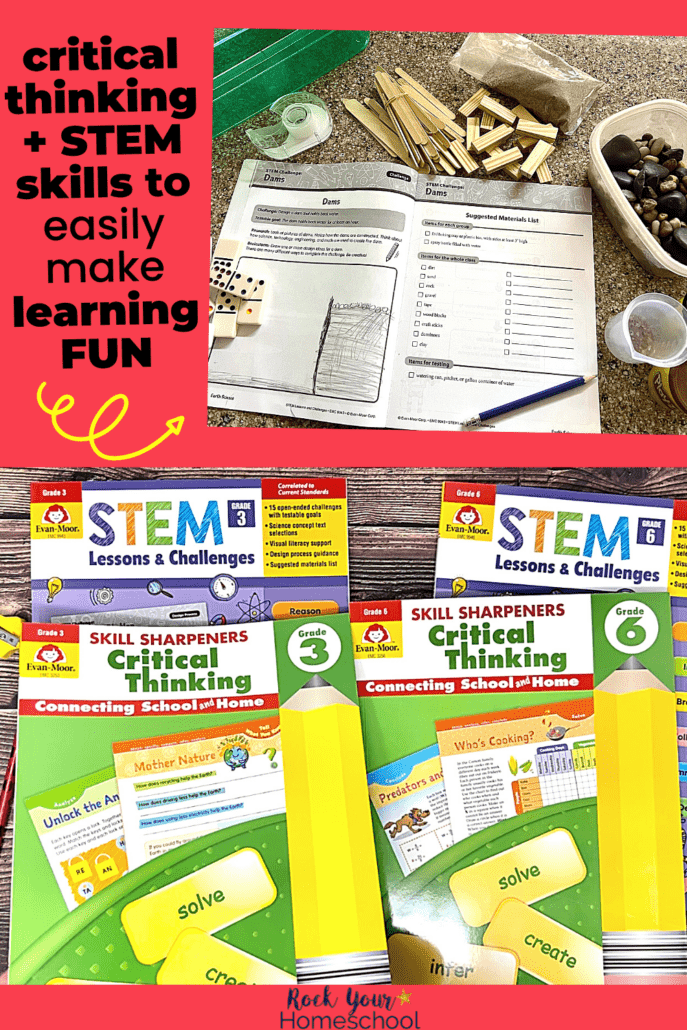 Evan-Moor workbook for skils sharpeners and STEM lessons with materials to build a dam and workbooks for grade 3 and grade 6 on wood background