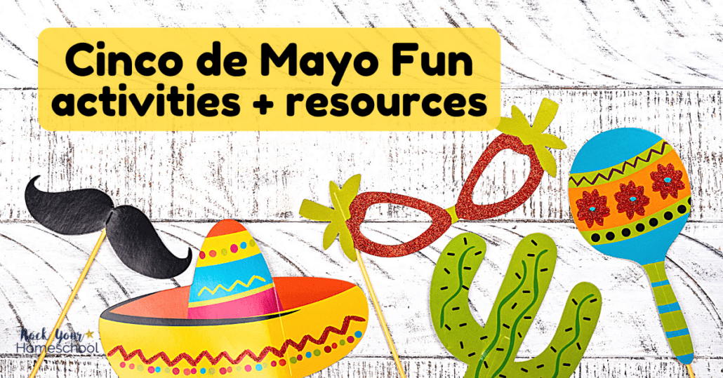 Cinco de Mayo photo props of sombrero, cactus, maraca, mustache, and sunglasses.