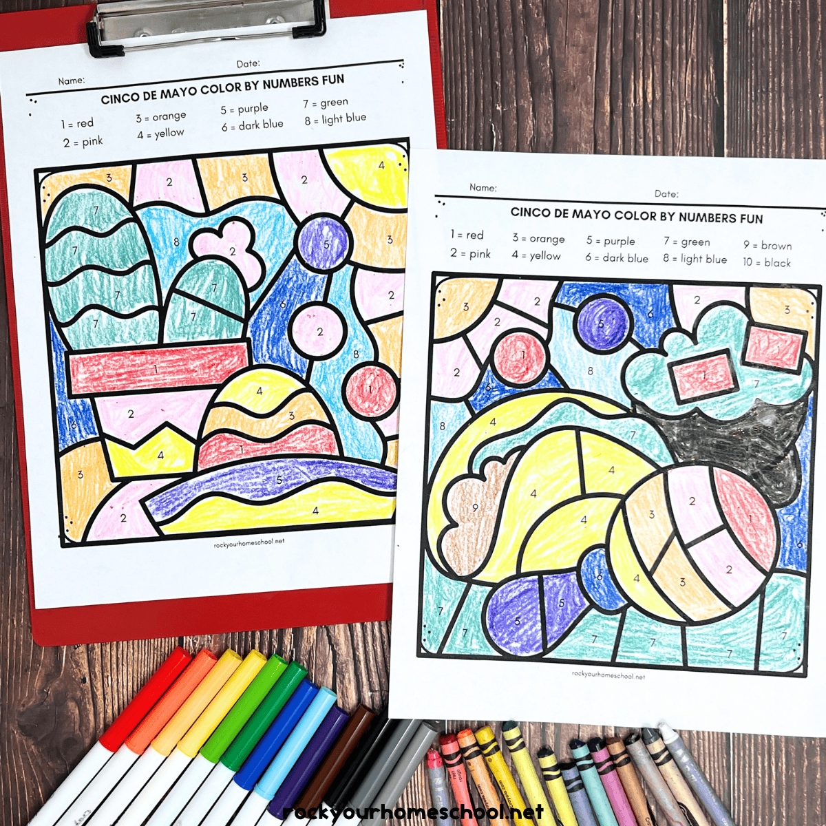 Two examples of free printable Cinco de Mayo color by number pages with markers and crayons.