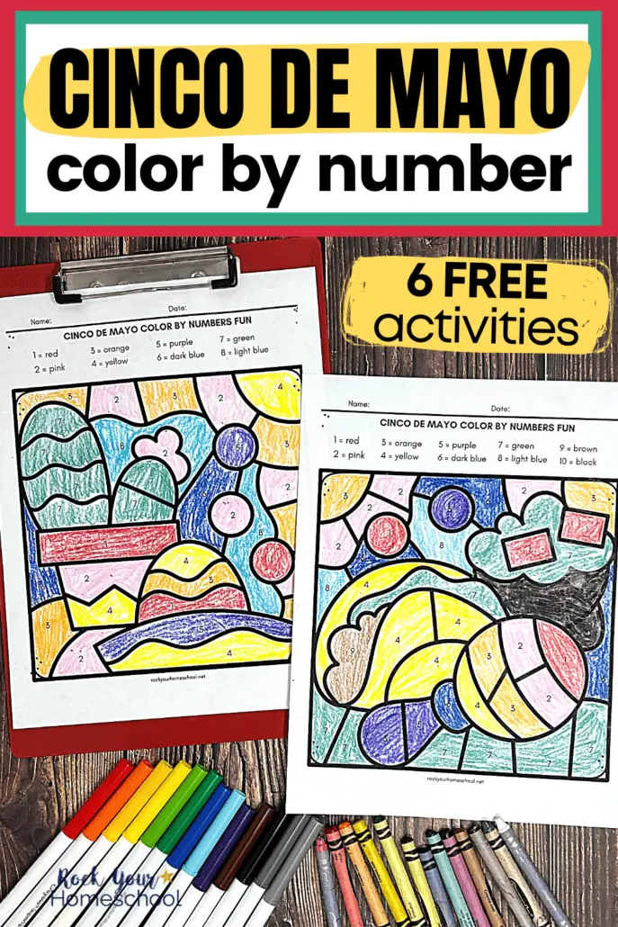examples of these 6 free Cinco de Mayo color by number pages with markers, crayons, and red clipboard on wood background