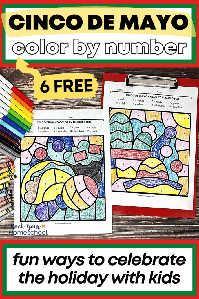 examples of these 6 free Cinco de Mayo color by number pages with red clipboard, crayons, and markers