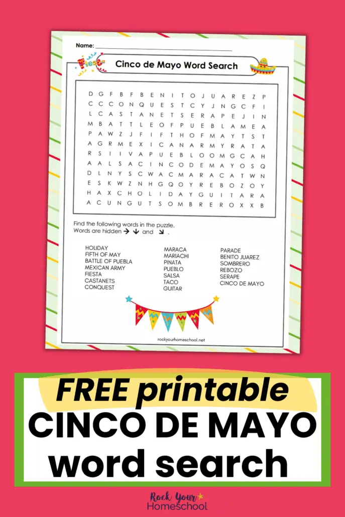 free printable Cinco de Mayo word search on red background