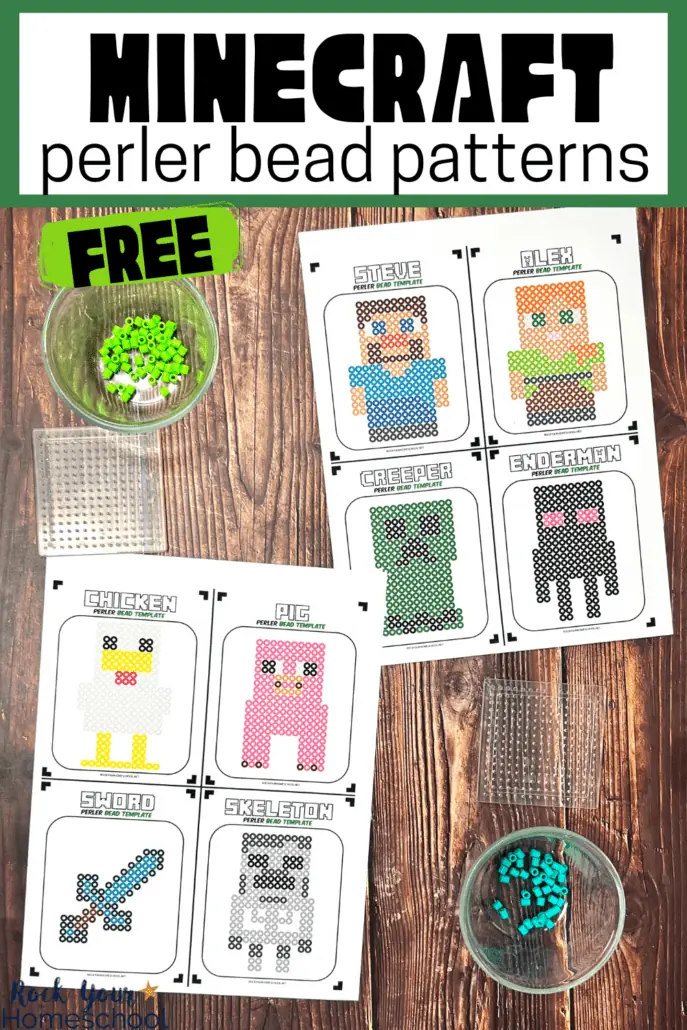 2 free printable pages of Minecraft perler bead patterns with perler beads and perler pegboards on wood background