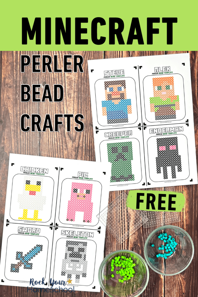 2 free printable pages of Minecraft perler bead patterns featuring Steve, Alex, Creeper, Ennderman, Chicken, Pig, sword, and skeleton
