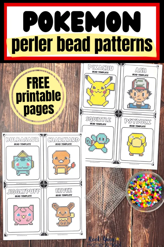 examples of 2 free printable Pokemon perler bead patterns with bowl of perler beads and perler bead pegboards on wood background