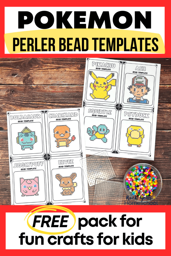 examples of free printable Pokemon perler bead patterns with perler beads and perler bead pegboards on wood background