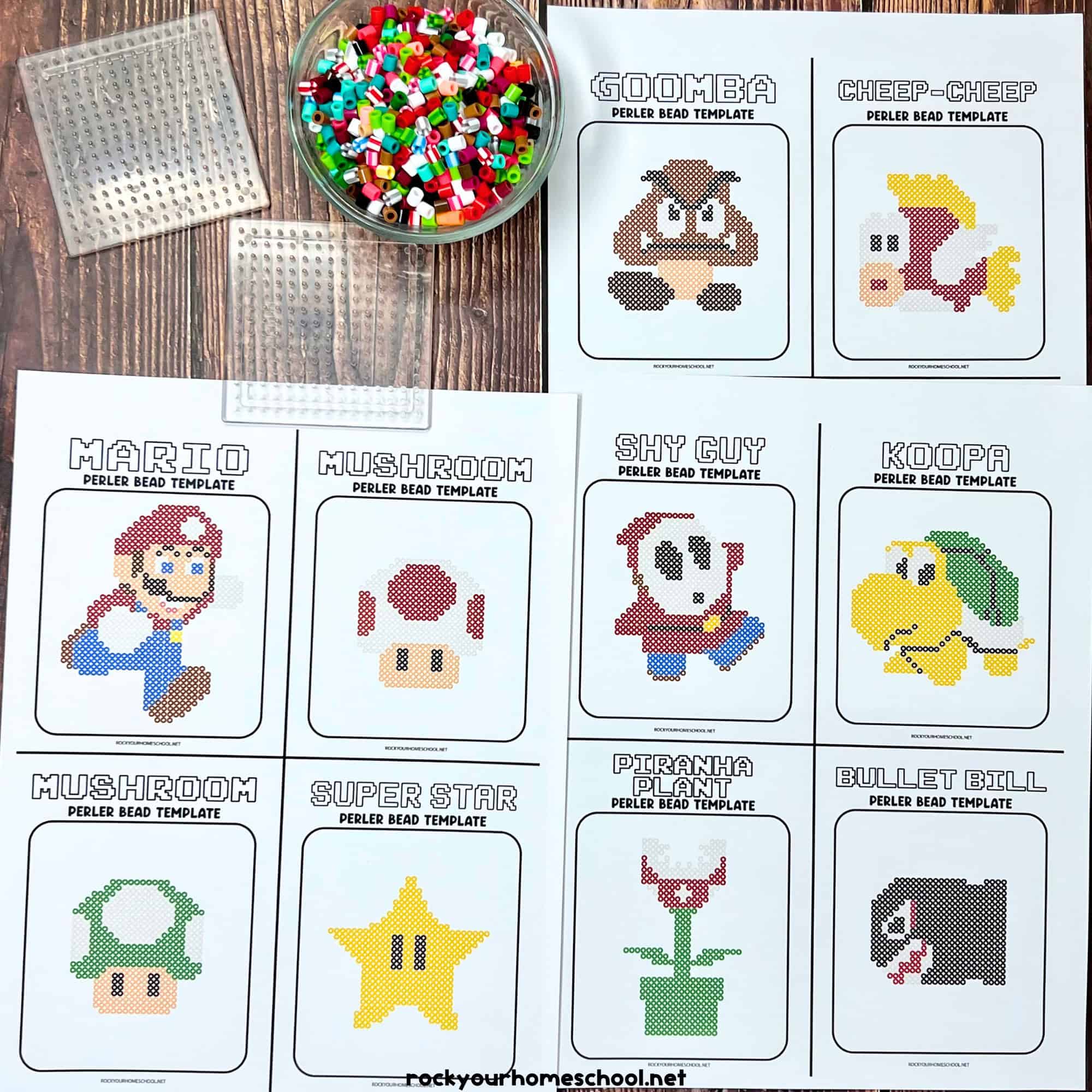 Examples of Super Mario perler beads (free printable templates) with Mario, mushrooms, Super Star, Goomba, Cheep-Cheep, Shy Guy, Koopa, Piranha Plant and Bullet Bill with bowl of perler beads and perler bead pegboards on wood background.