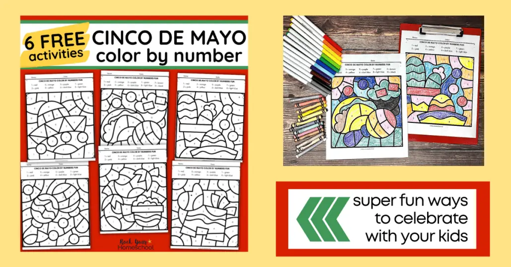 6 free Cinco de Mayo color by number pages with examples, markers, and crayons