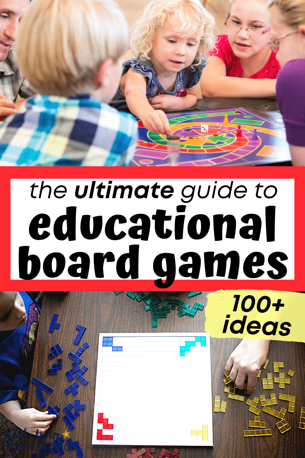 family enjoying a board game and a child and adult playing a board game with colorful pieces to feature these educational board games