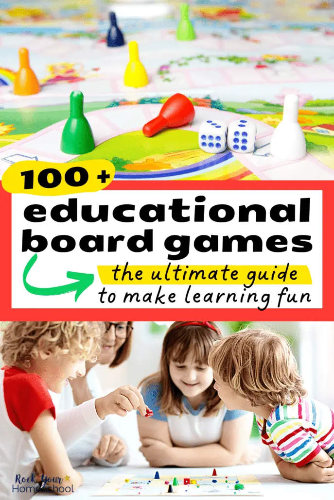 board game with 2 dice and game pieces and 3 children smiling and a mother as they play a game to feature these 100+ educational board games