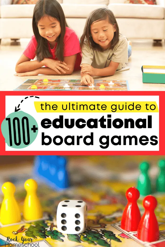 2 young girls smiling as they play a board game and a board game with a die and game pieces to feature these 100+ educational board games for learning fun