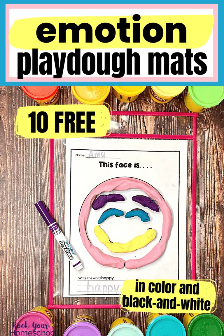 example of emotion playdough mats in dry erase sleeve pocket with dry erase marker and playdough on wood background