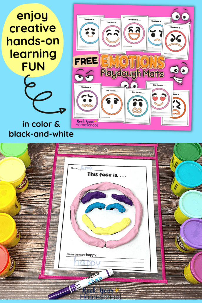examples of free emotion playdough mats with dry erase sleeve pocket, dry erase marker, rainbow of playdough cans on wood background