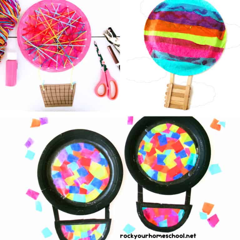 3 hot air balloon craft ideas with yarn weave, tissue paper, and suncatcher.