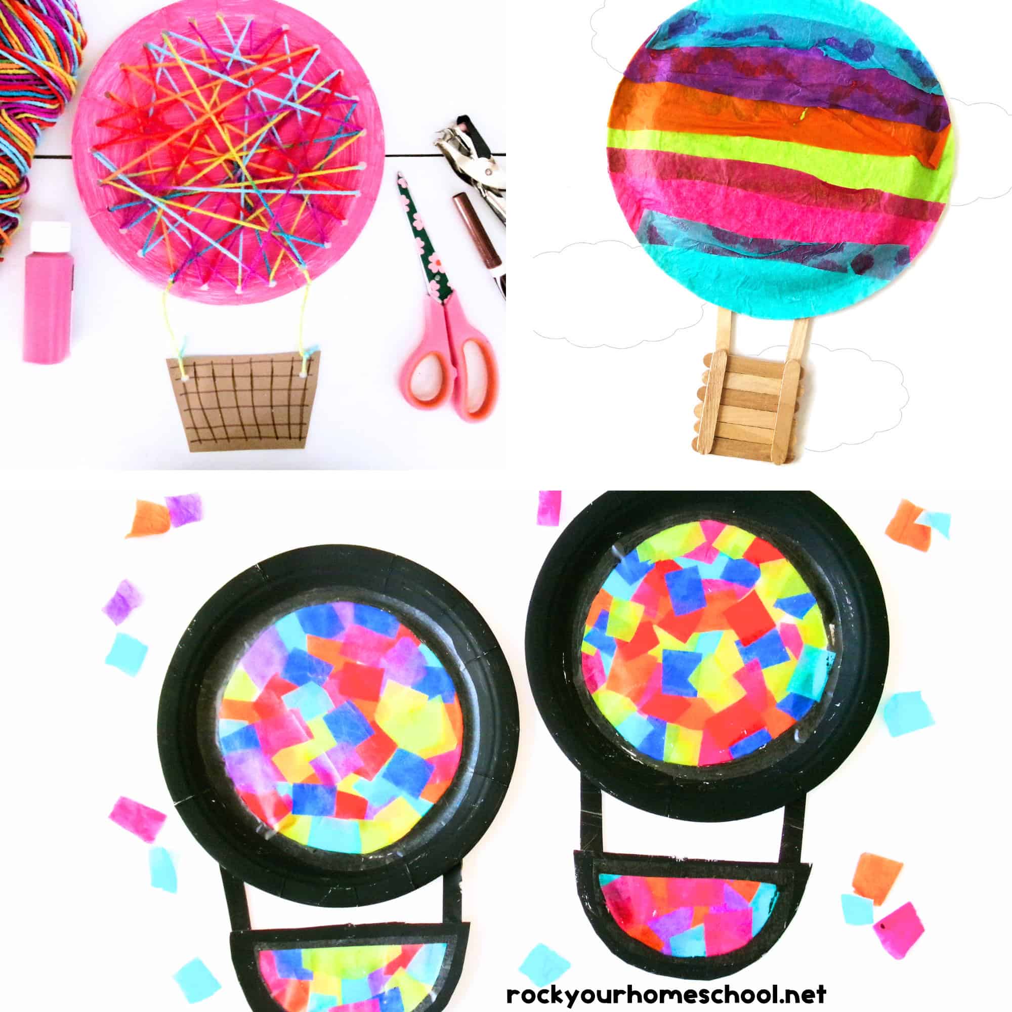 3 hot air balloon craft ideas with yarn weave, tissue paper, and suncatcher.
