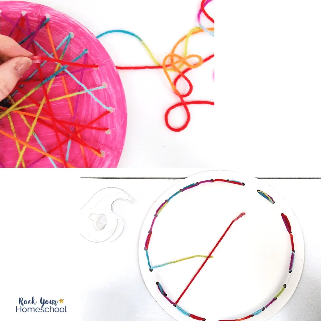 step 2 of making hot air balloon yarn weave craft with woman using multicolor yarn and tape