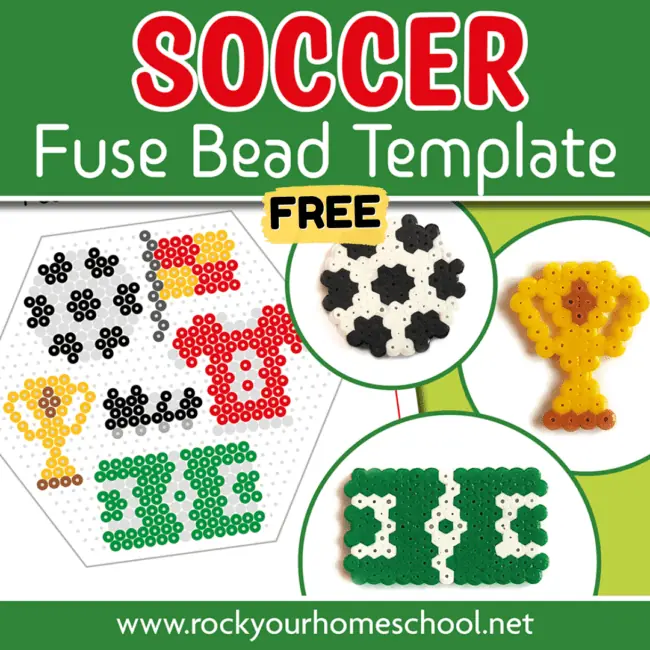This free printable pack of soccer perler beads patterns is a super cool craft activity for your kids.