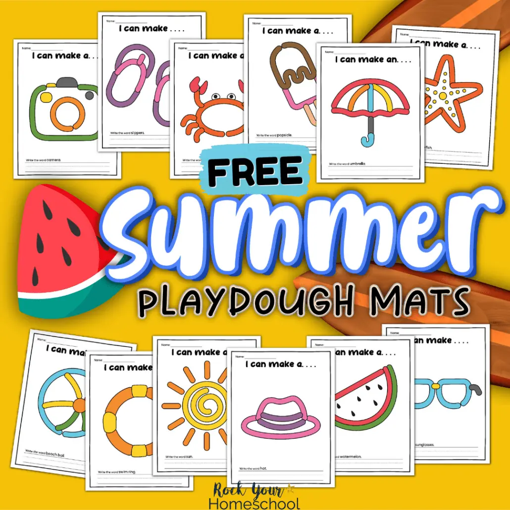 This free printable pack includes 12 color and 12 black-and-white summer playdough mats for tons of hands-on learning fun activities for kids.