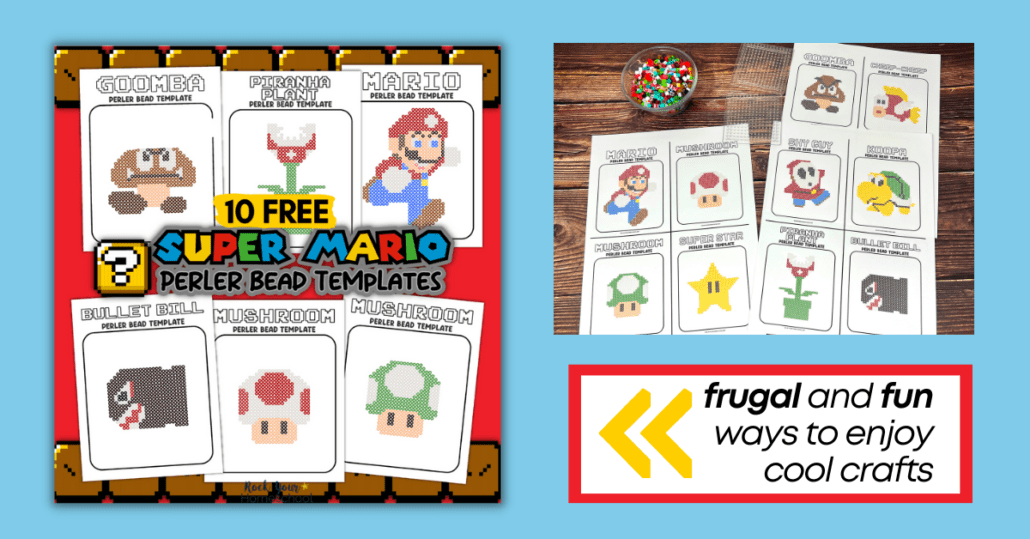 examples of free printable patterns of Super Mario perler beads and bowl of perler beads and perler bead pegboard on wood background