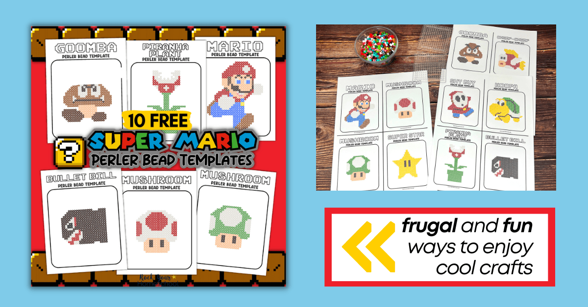 examples of Super Mario hama beads templates and bowl of perler beads and perler bead pegboard on wood background