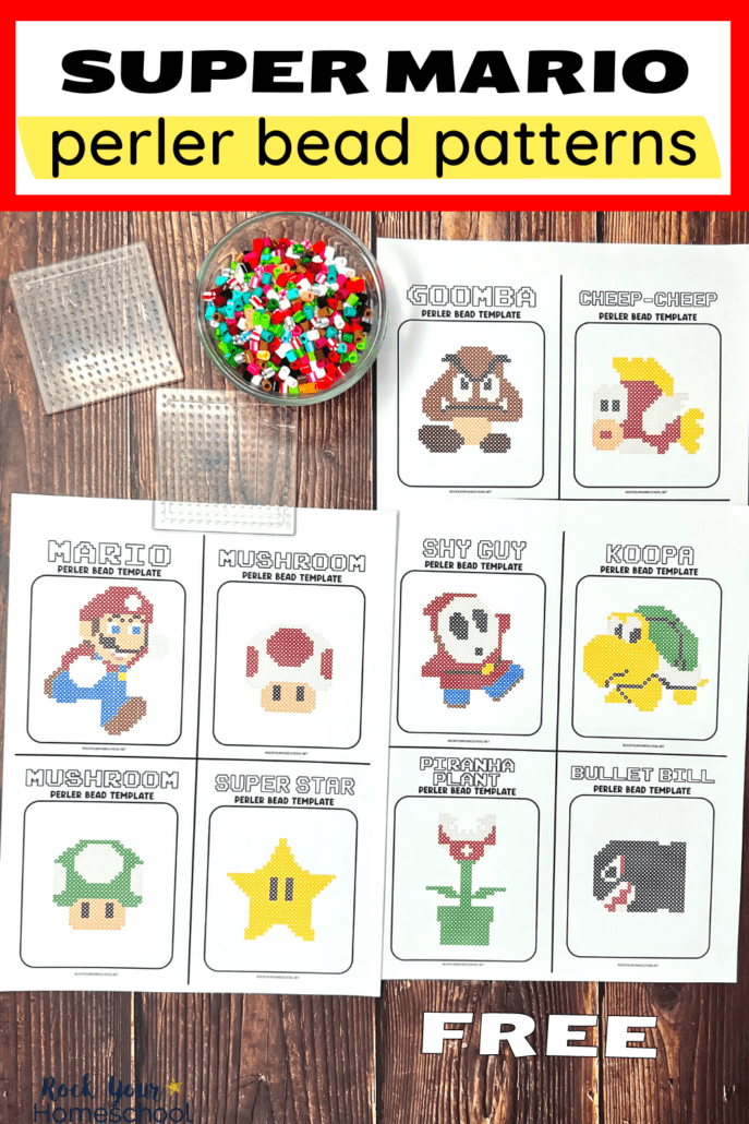 examples of Super Mario perler beads (free printable templates) with bowl of perler beads and perler bead pegboards on wood background