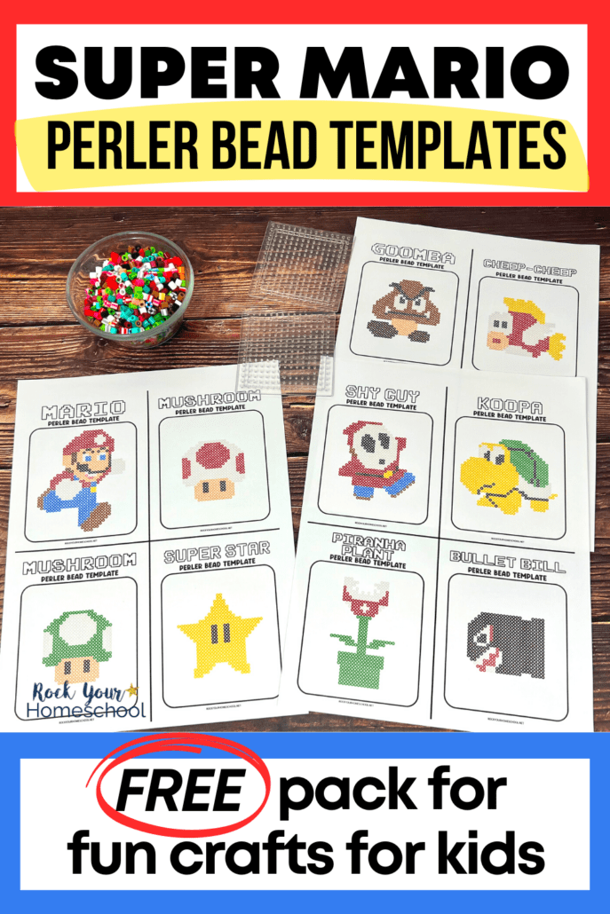 free printable templates for fun with Super Mario perler beads featuring Mario, mushrooms, Super Star, Goomba, Cheep-Cheep, Shy Guy, Koopa, Piranha Plant, Bullet Bill with bowl of perler beads and perler bead pegboards on wood background