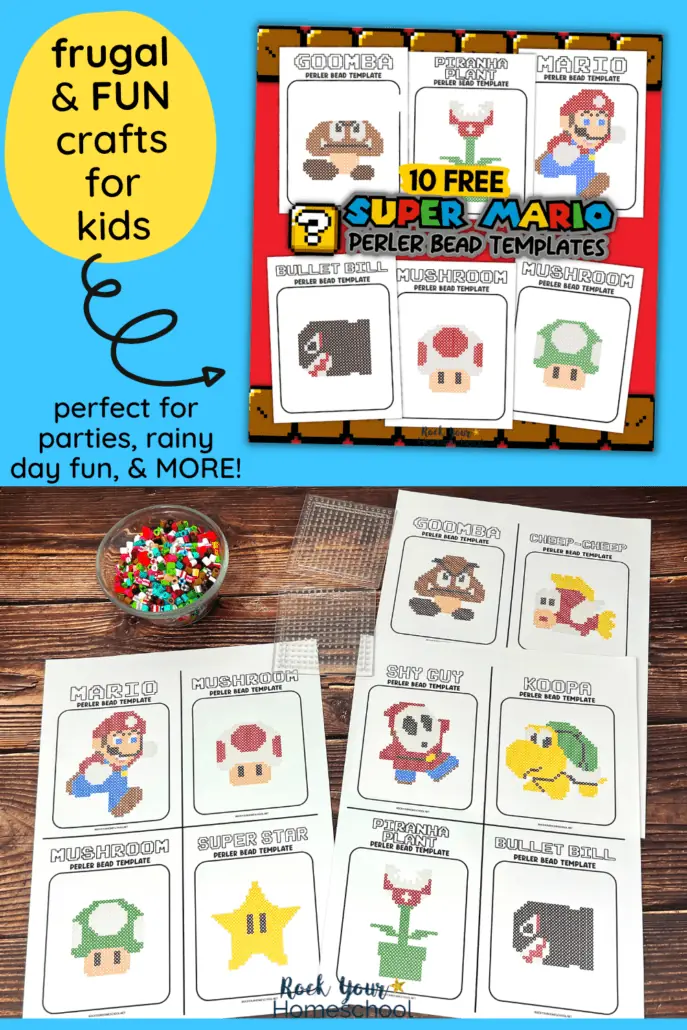 examples of Super Mario perler beads (free printable templates) with Mario, mushrooms, Super Star, Goomba, Cheep-Cheep, Shy Guy, Koopa, Piranha Plant and Bullet Bill with bowl of perler beads and perler bead pegboards on wood background