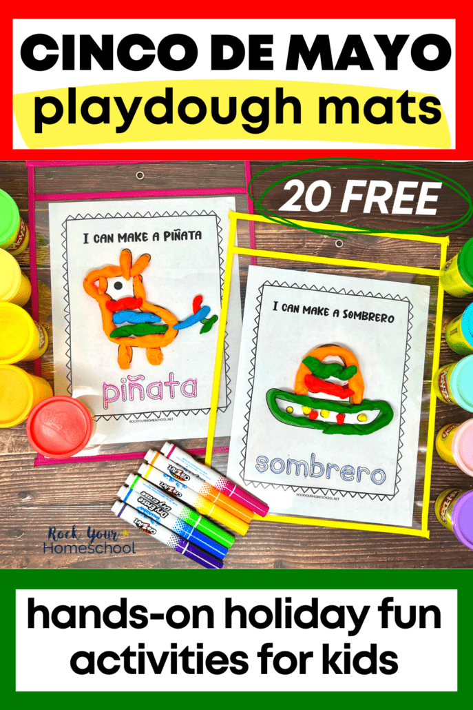 Cinco de Mayo playdough mats of pinata and sombrero with playdough cans and dry erase markers