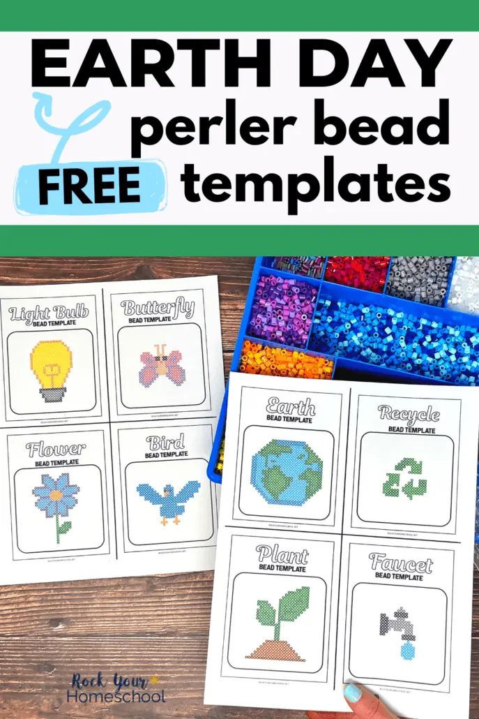 free Earth Day perler bead templates (light bulb, butterfly, flower, bird, Earth, recycle, plant, faucet) with perler beads in craft case on wood background