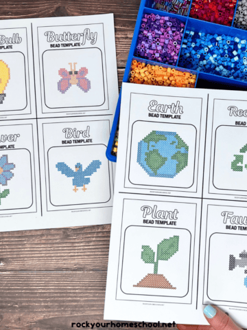 Woman holding free printable Earth Day perler beads crafts patterns.