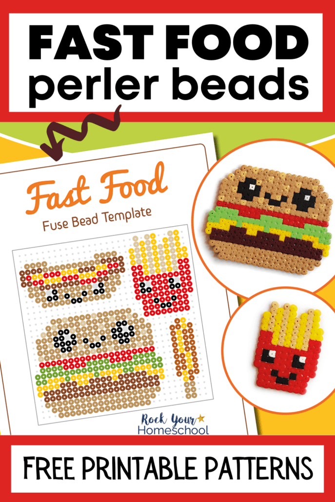 free printable page of fast food perler beads patterns and 2 examples of burger and fries