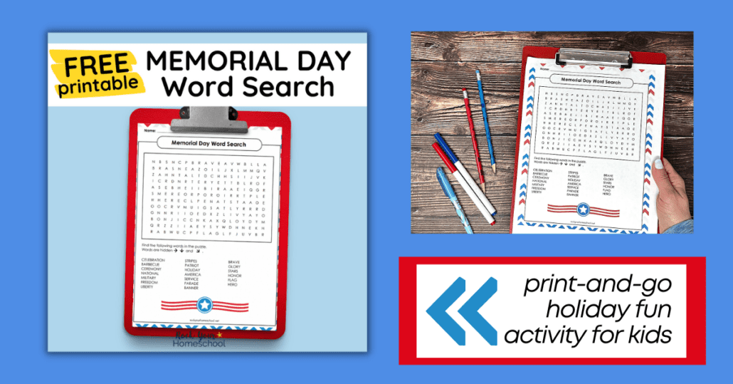 woman holding free printable Memorial Day word search activity