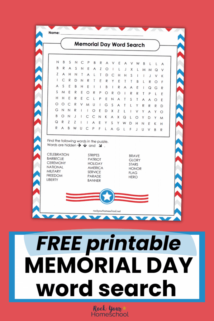 mock-up of free printable Memorial Day word search