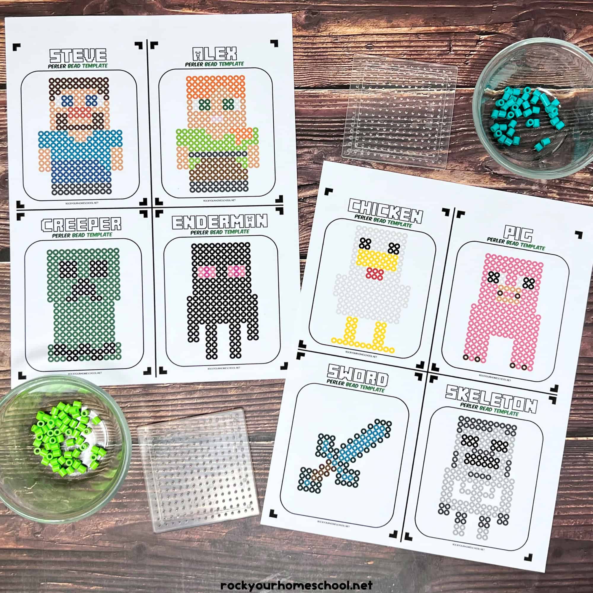 Two pages of 8 Minecraft perler bead craft templates.