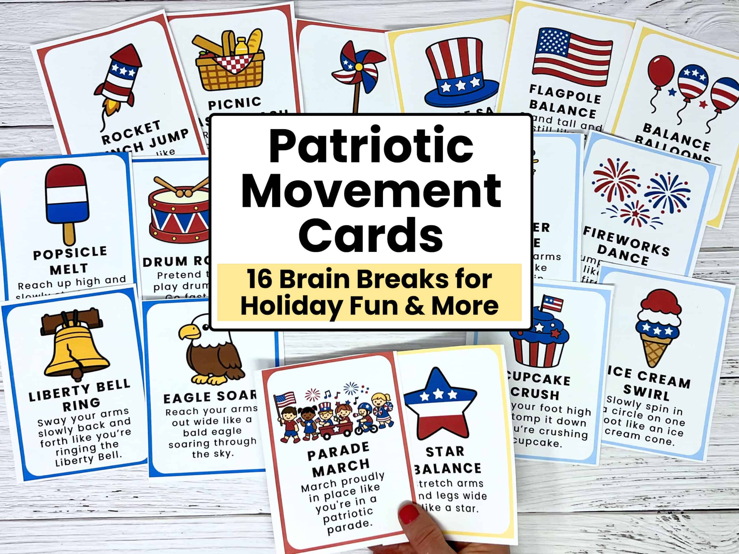 16 patriotic themed movement cards for kids to enjoy fun activities for Fourth of July, Memorial Day, and more.