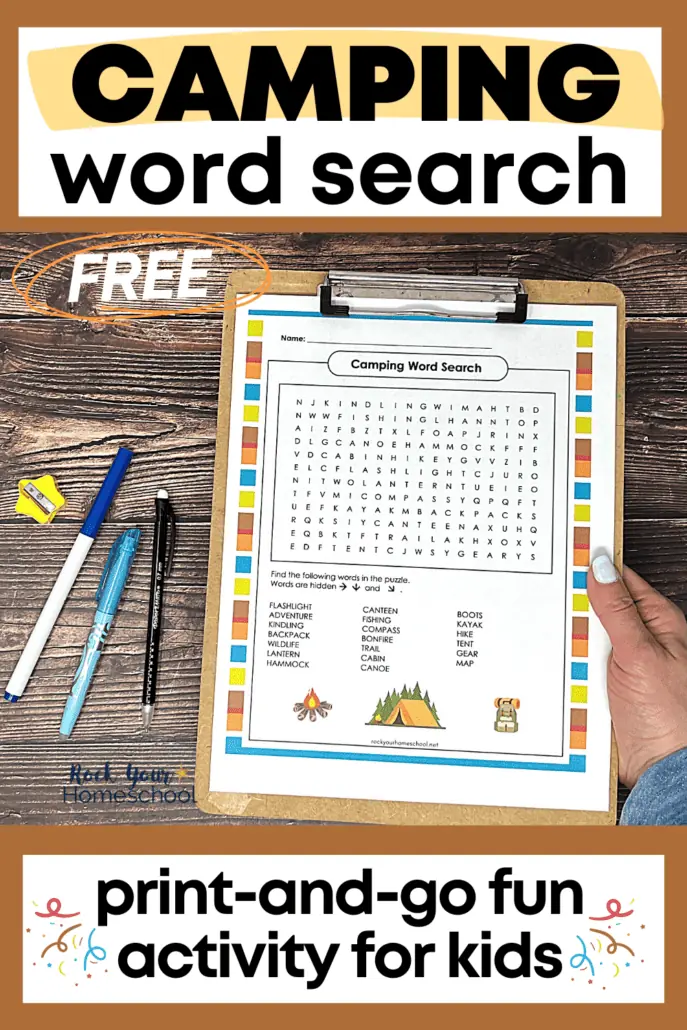 woman holding free printable camping word search activity on clipboard