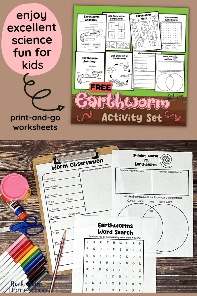 examples of printable earthworm activities like worm observation, gummy worm vs. earthworm, and earthworm word search with markers, scissors, pencil, glue stick, and pink playdough.