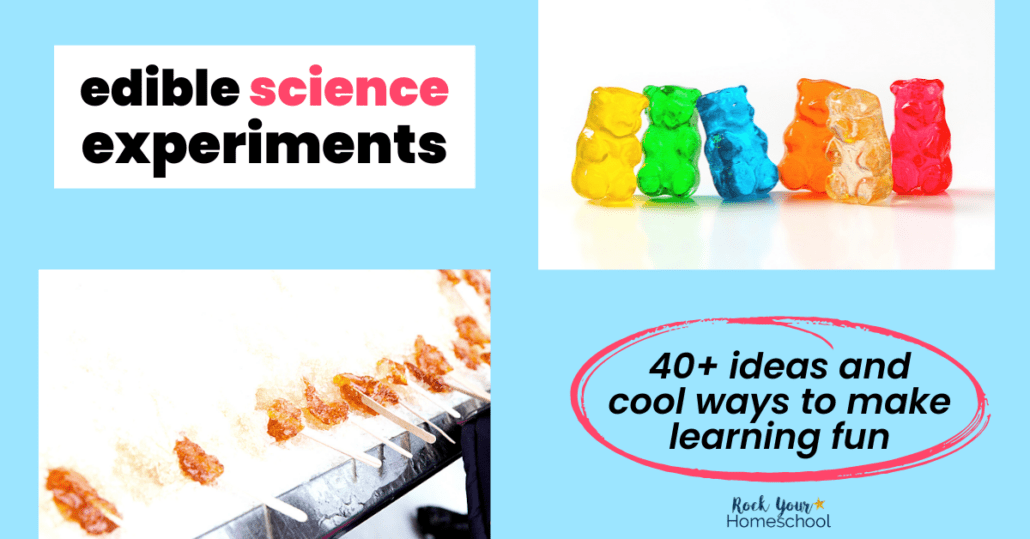 gummy bears and maple syrup with popsicle sticks on snow to feature these 40+ edible science experiments