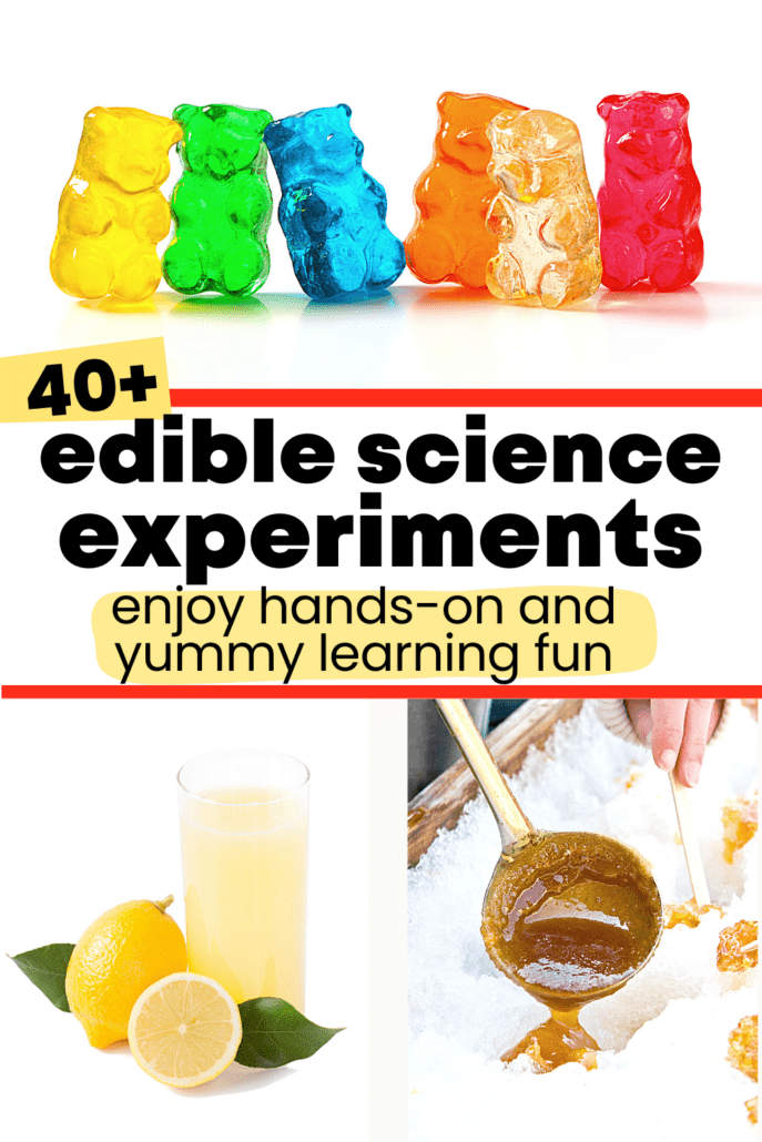 gummy bears and glass of lemonade with lemons and maple syrup being poured onto snow to feature these 40+ edible science experiments