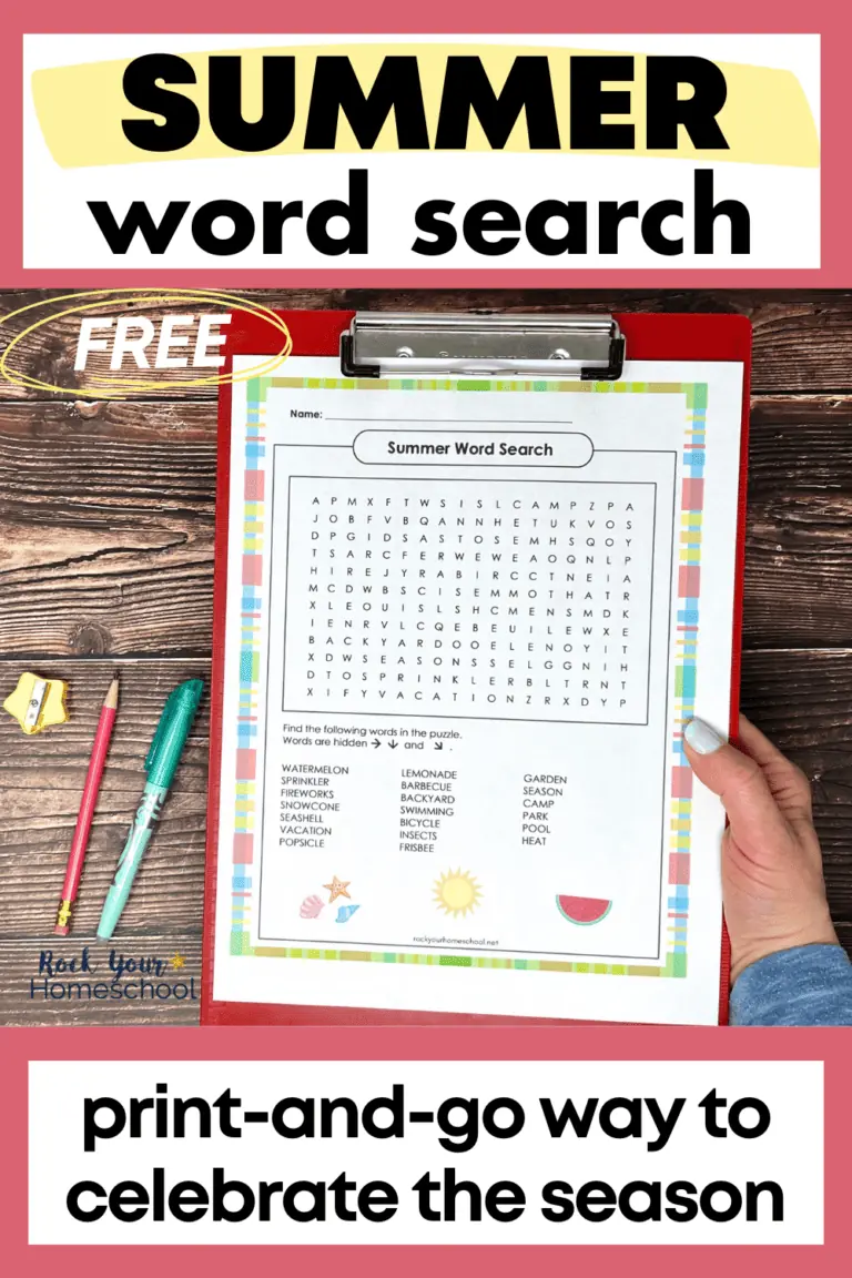 woman holding free printable summer word search on red clipboard