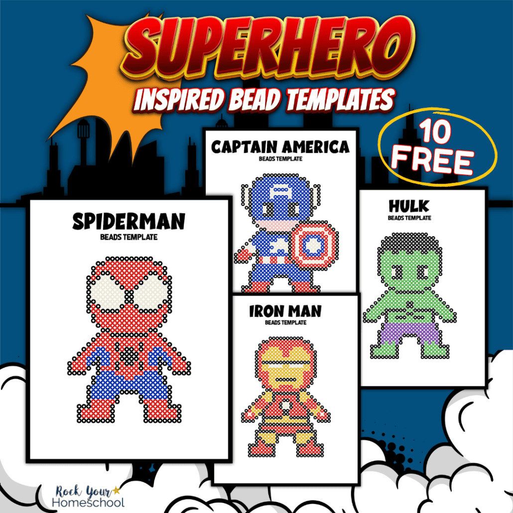 4 free superhero perler bead templates featuring Spiderman, Captain America, Iron Man, and Hulk.
